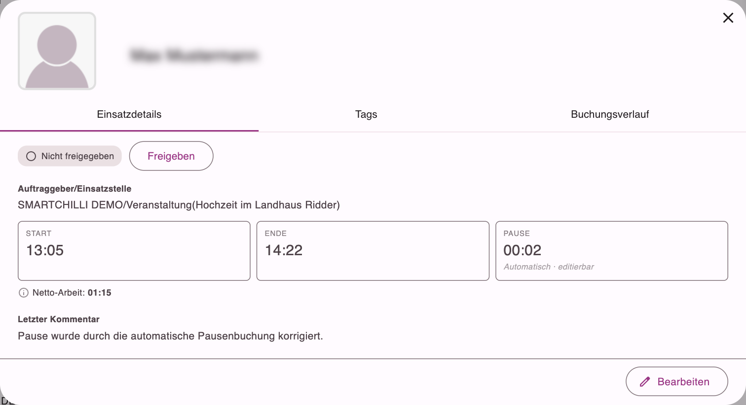 Einsatzdetails mit Freigabe-Status und Bearbeiten-Knopf
