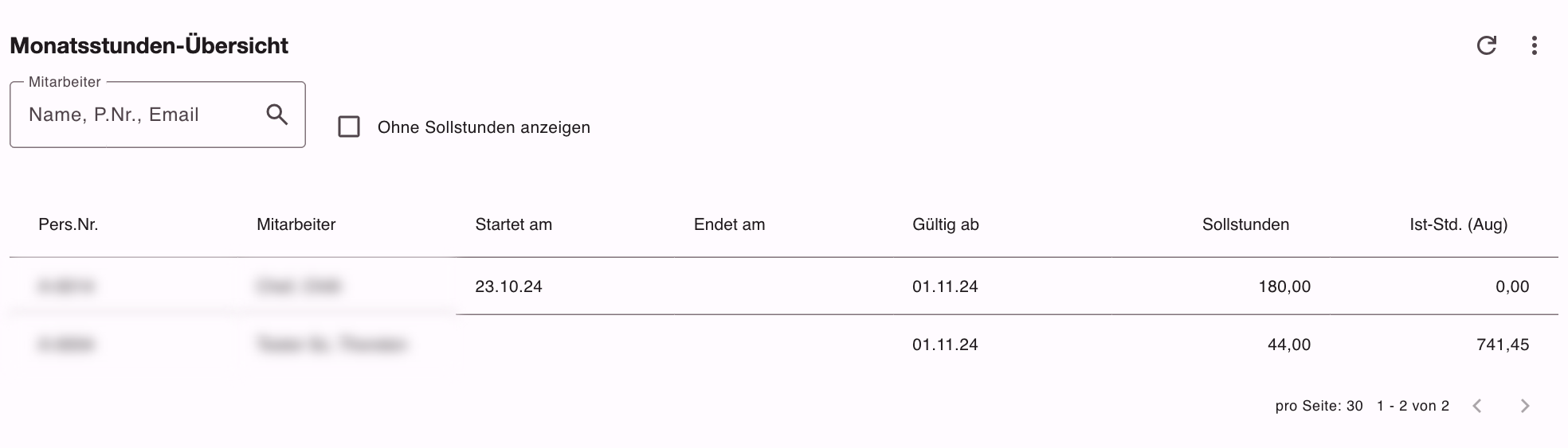 Monatsstunden-Übersicht mit Soll- und Ist-Stunden je Mitarbeiter