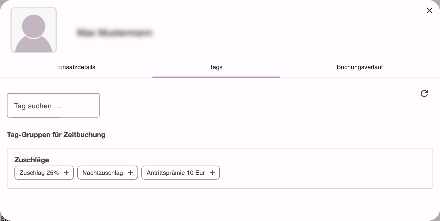 Reiter Tags in den Einsatzdetails mit den für Zeitbuchungen freigegebenen Tags